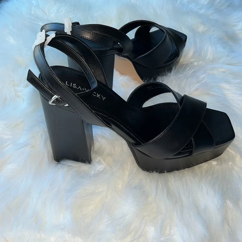 🆕 Lisa Vicky Leather Strappy Platform Heel Sandals Black Size 8